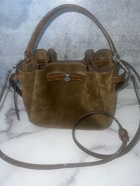 Tory Burch Brown Suede Structured Bucket Handbag with Croc Trim